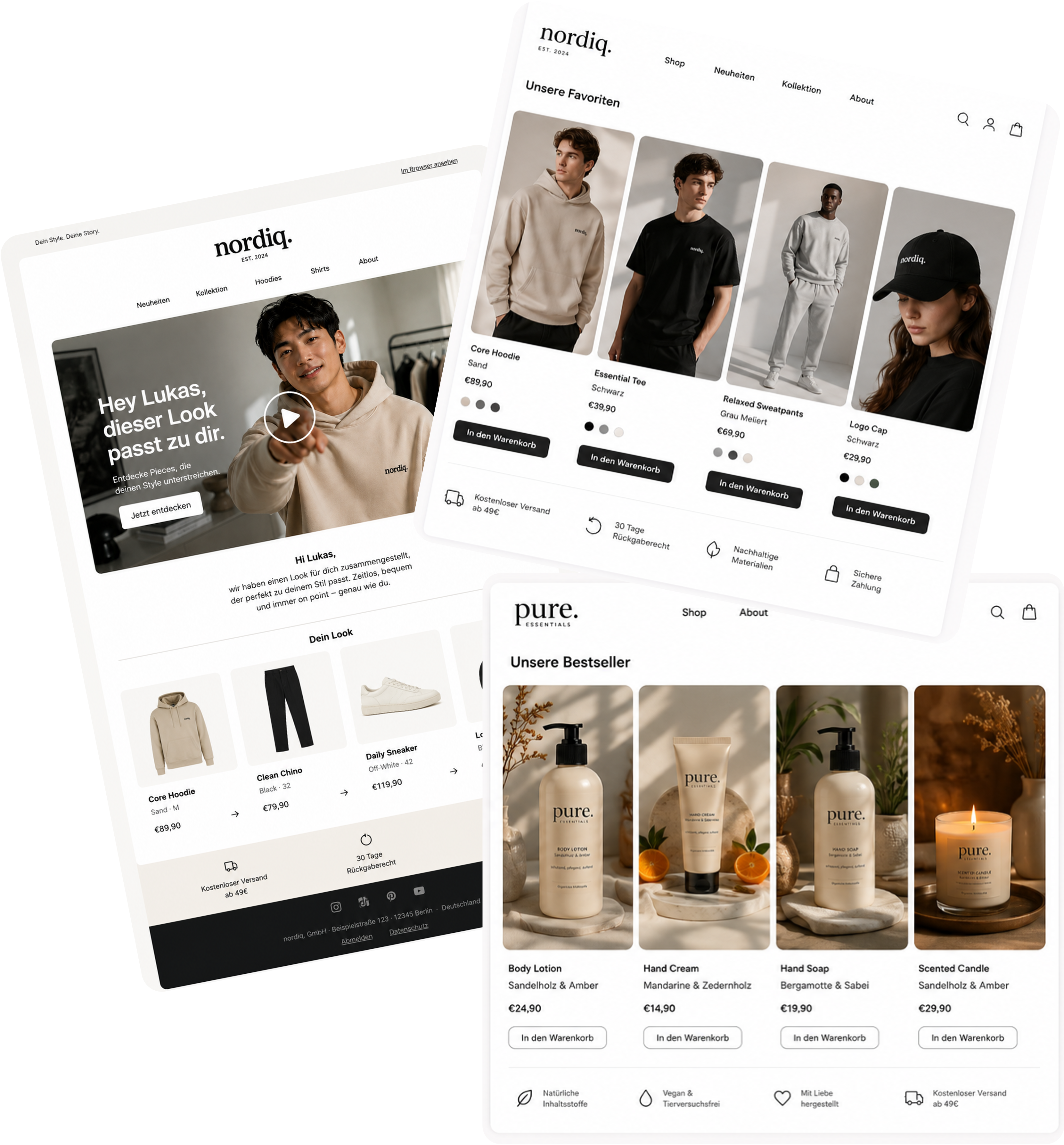 Beispielhafte Commerce-Ausgaben mit Produktübersicht, personalisiertem Shop und Produktvisuals