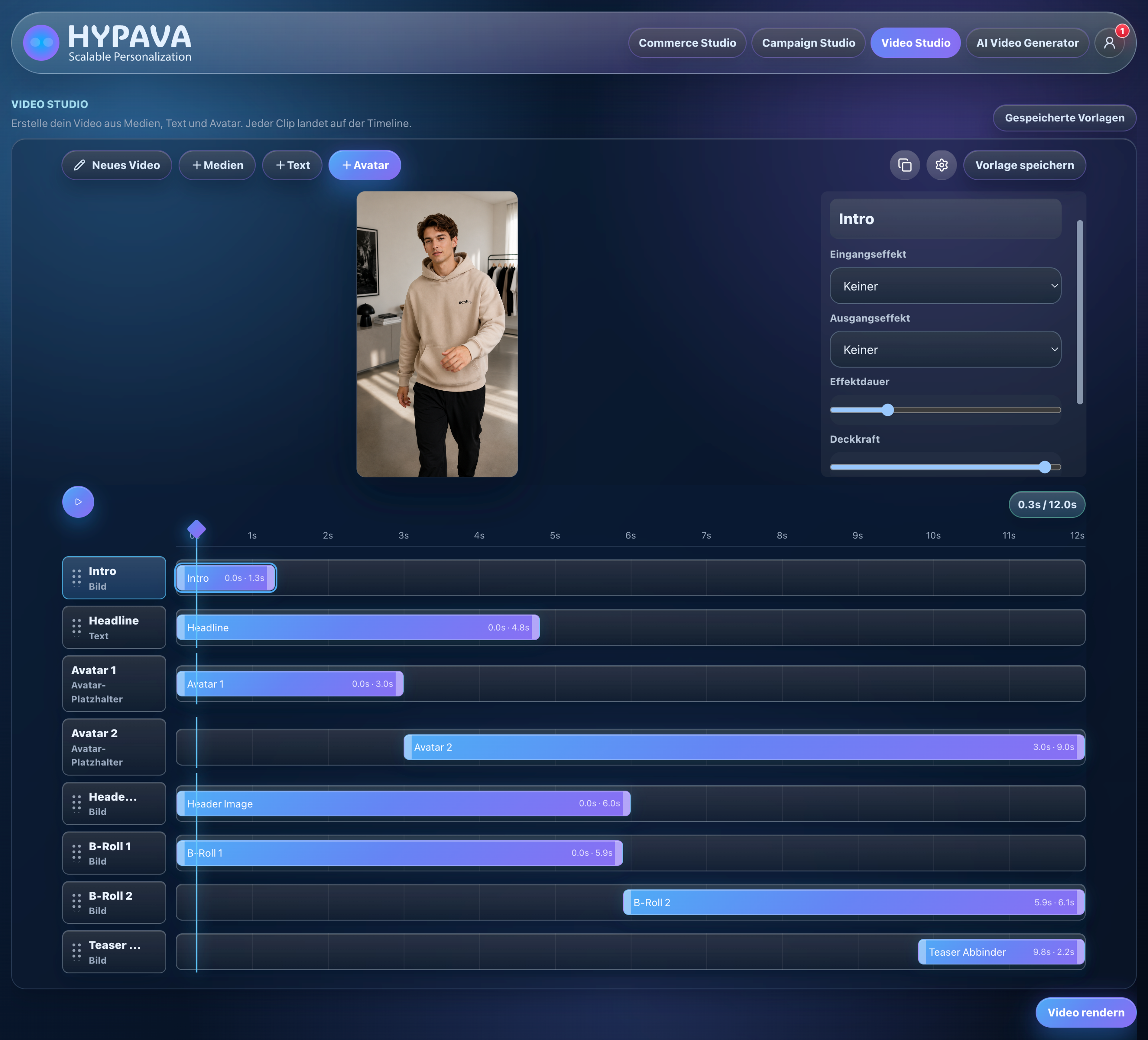 Video Studio Editor mit Avatarvideo, Medienebenen und Timeline