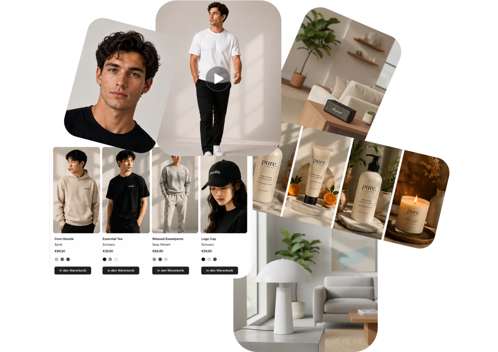 Commerce-Visuals mit Produktbildern, Videoansicht und unterschiedlichen Anwendungskontexten
